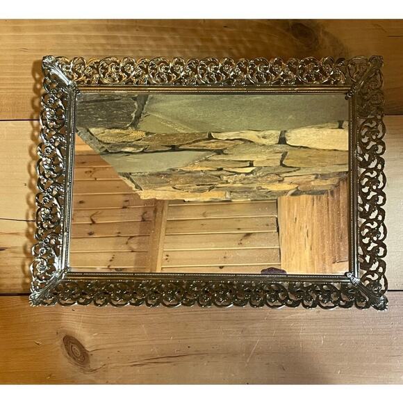 Vintage Vanity Tray Rectangular Mirrored Gold Brass Filigree Edge Footed Back - Picture 2 of 6